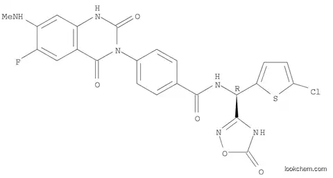 Molecular Structure of 1015435-62-7 (Benzamide, N-[(R)-(5-chloro-2-thienyl)(2,5-dihydro-5-oxo-1,2,4-oxadiazol-3-yl)methyl]-4-[6-fluoro-1,4-dihydro-7-(methylamino)-2,4-dioxo-3(2H)-quinazolinyl]-)